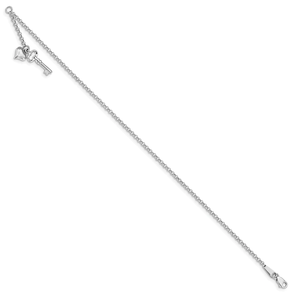 Black Bow Jewelry Company 14k White Gold Puffed Heart And Key Dangle Anklet, 10 Inch