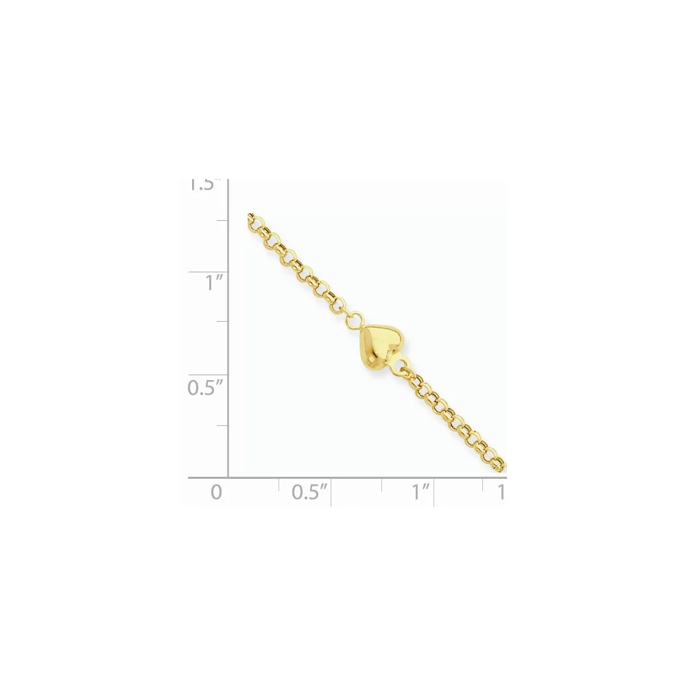 Jewelryweb 14k Yellow Gold Puff Heart 9inch With 1in Ext Anklet