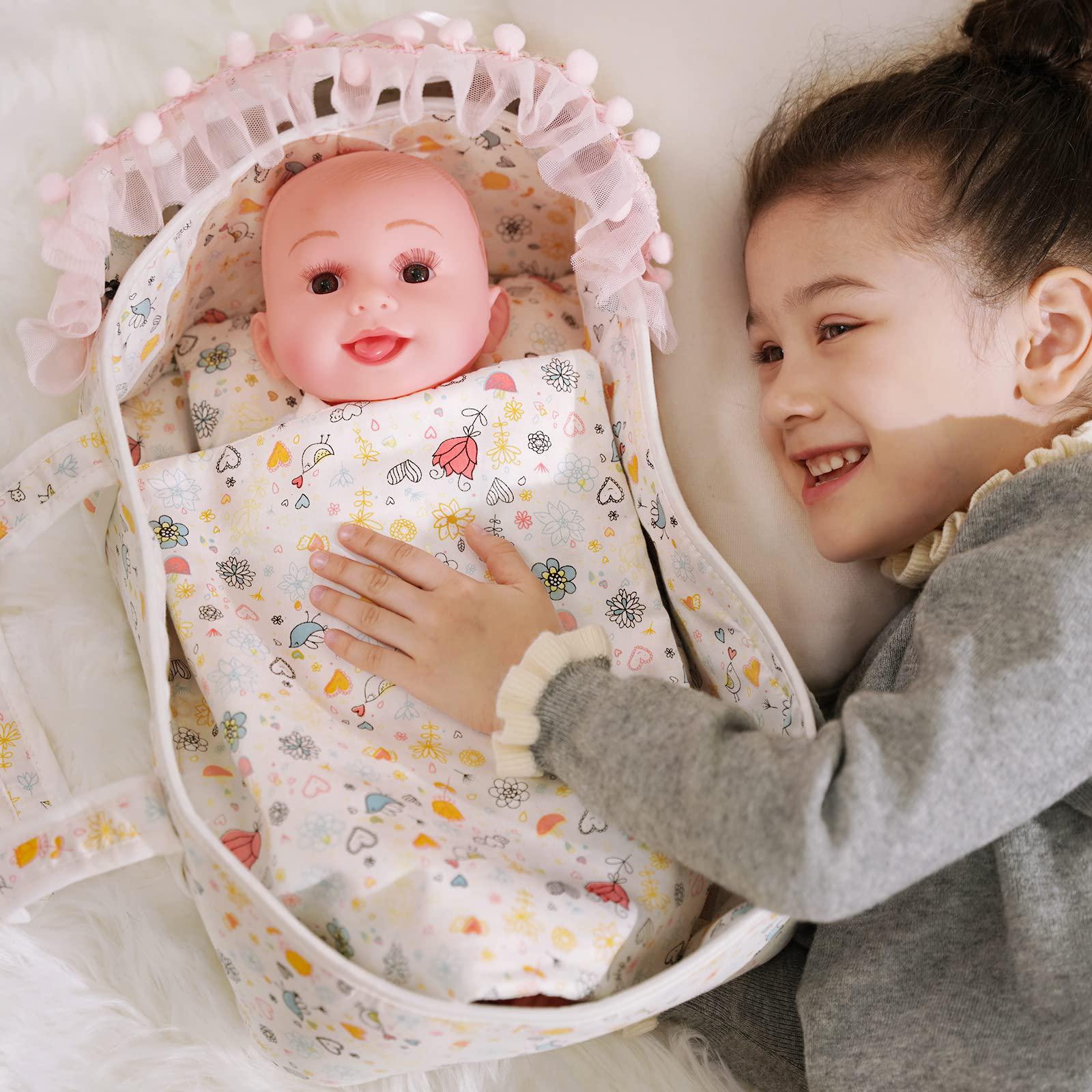 gagaku soft baby doll bassinet with lace canopy and pillow blanket 3 pcs doll carry cot set play baby doll carrier 13 inch -