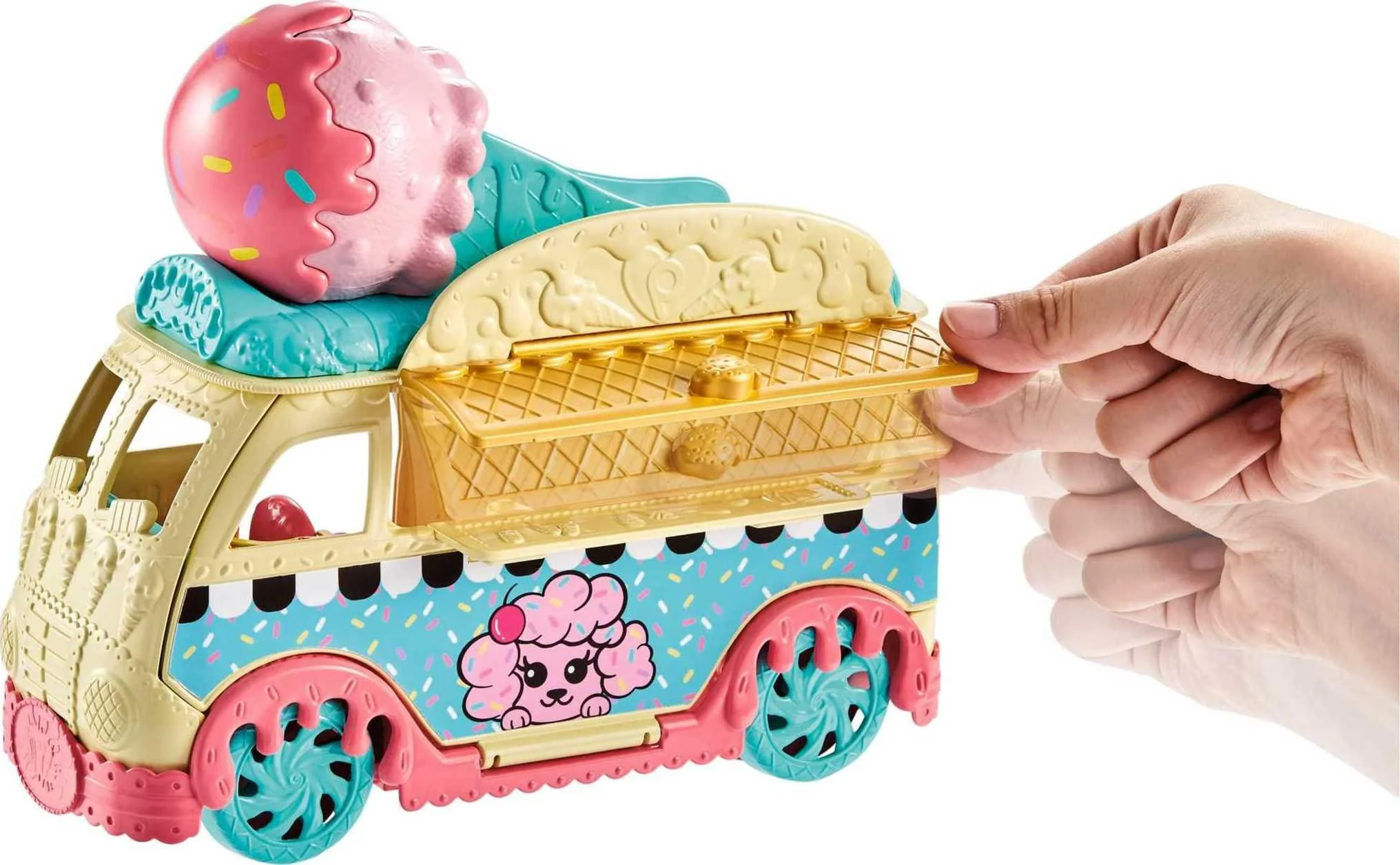 polly pocket playset with two (3-inch) dolls, pet puppy &a; fashion accessories, tiny treats ice cream truck vehicle toy