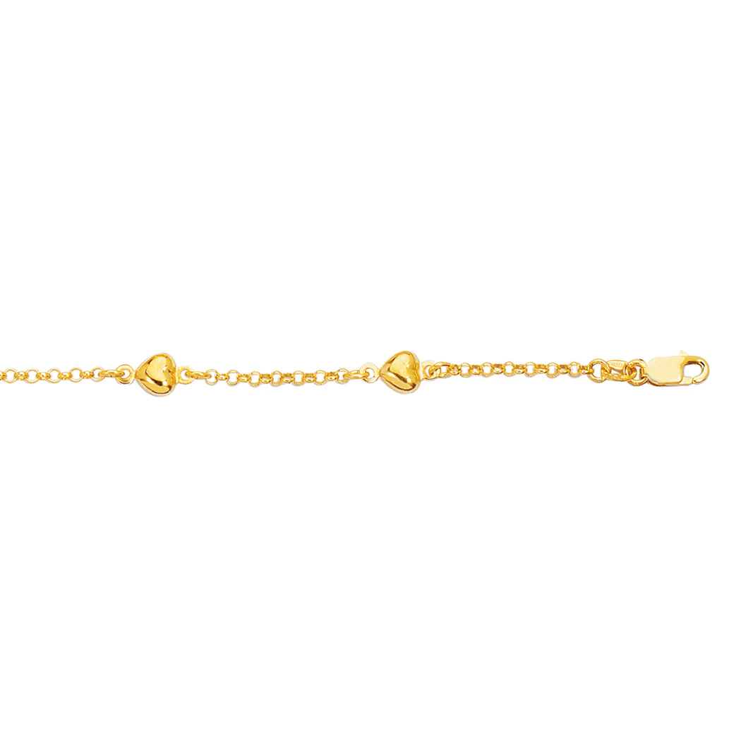 Jewelryweb 14k Yellow Gold Shiny Rolo Chain Link Puffed Heart Adjustable Anklet With Lobster Clasp - 10 Inch