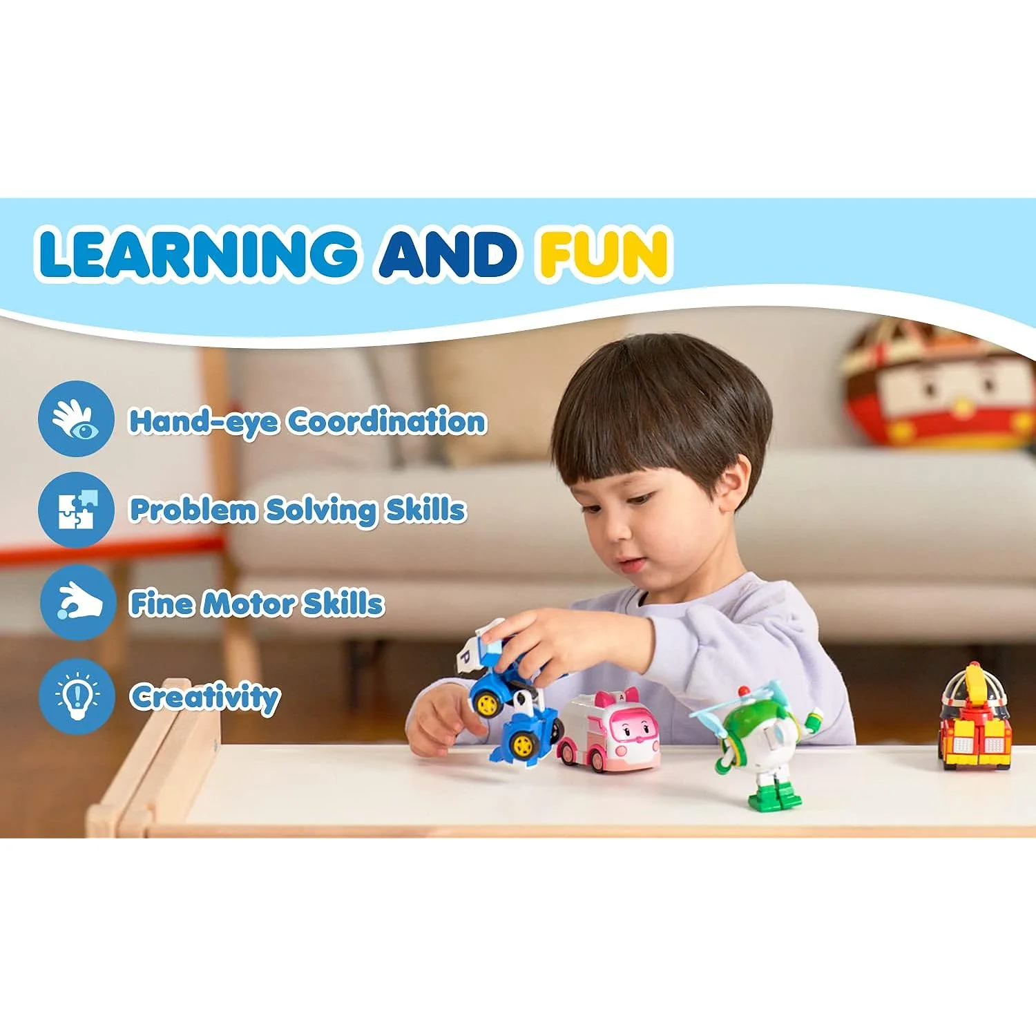GCP Products Robocar Poli [4 Pack] Poli + Amber + Roy + Helly Transforming Robot Toys, 4