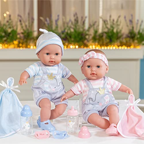 JC Toys Berenguer Boutique 30050 TWINS- 15” Soft Body Baby Dolls - 12 Piece Gift Set with Open/Close Eyes- Perfect for Children 2+