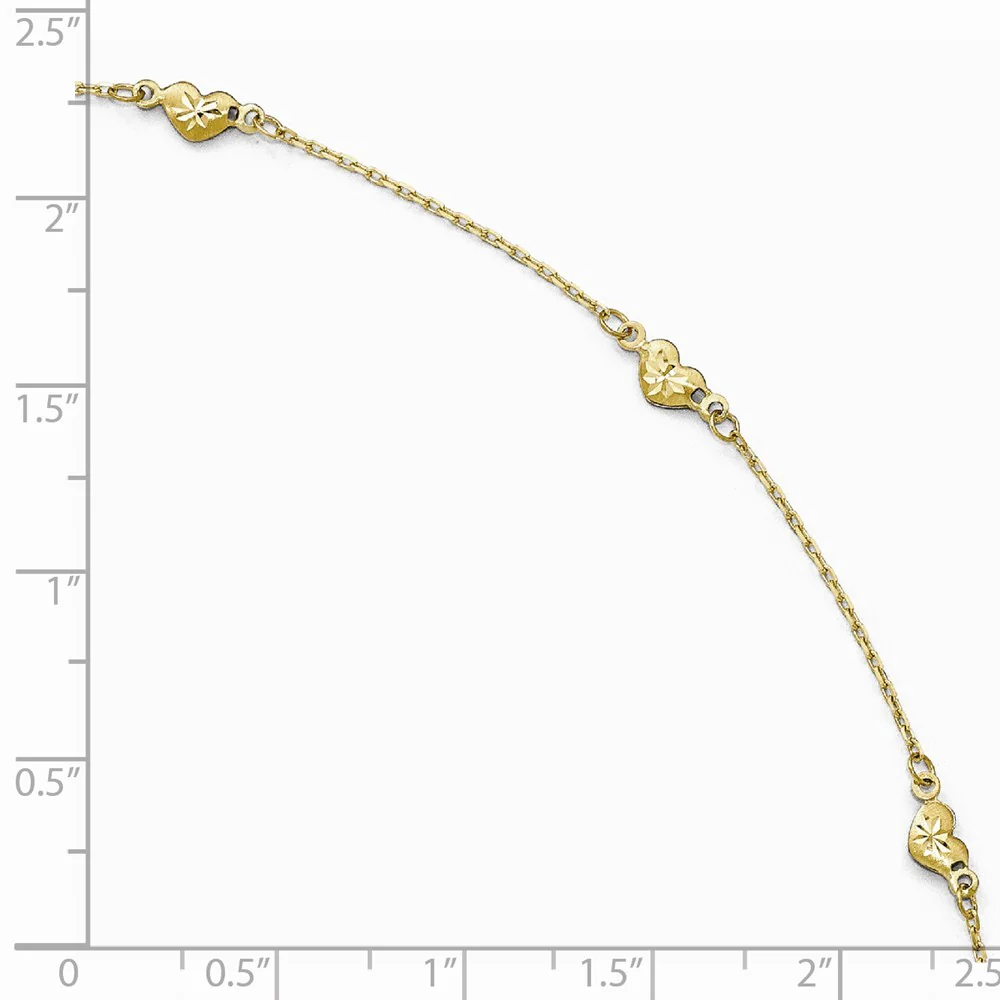 Jewelryweb 14k Yellow Gold Polished and Sparkle-Cut Heart With 1inch Ext. Anklet - 9 Inch - Measures 1mm Wide