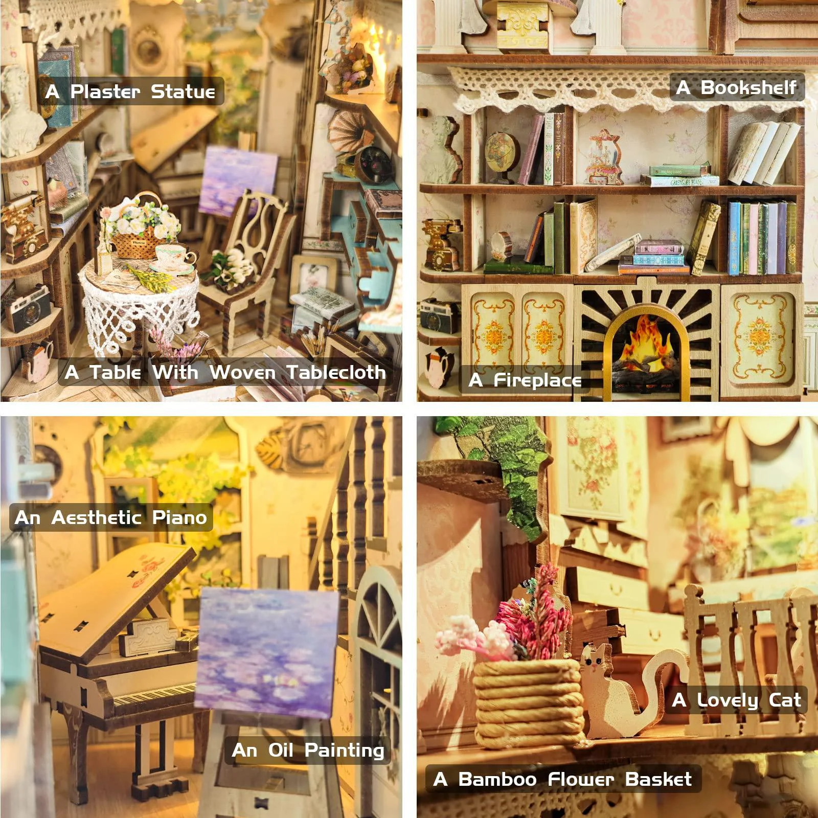 bookie nookie book nook kit, diy 3d bookshelf insert decor, wooden puzzle dollhouse with sensor led light, bookend building set for teens a