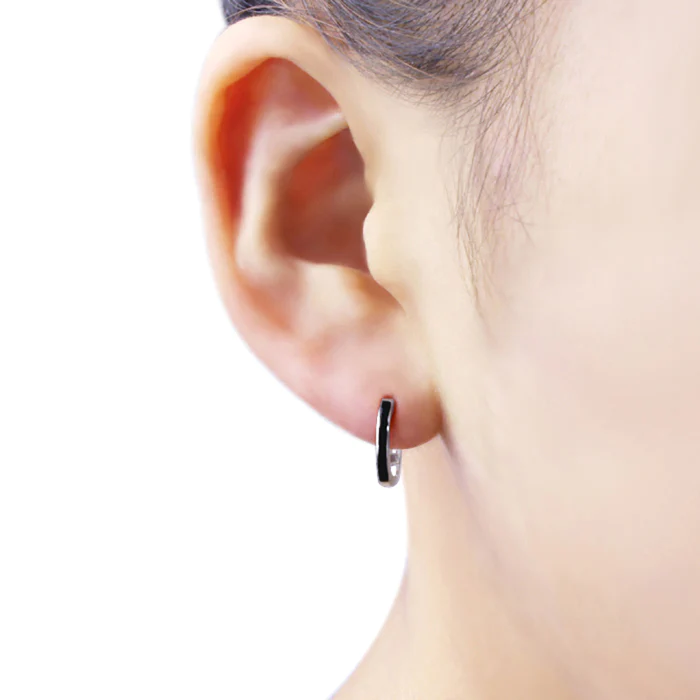 DoubleAccent 14K Gold Huggie Earrings  2mm Wide Onyx Huggie Hoop White Gold Earring