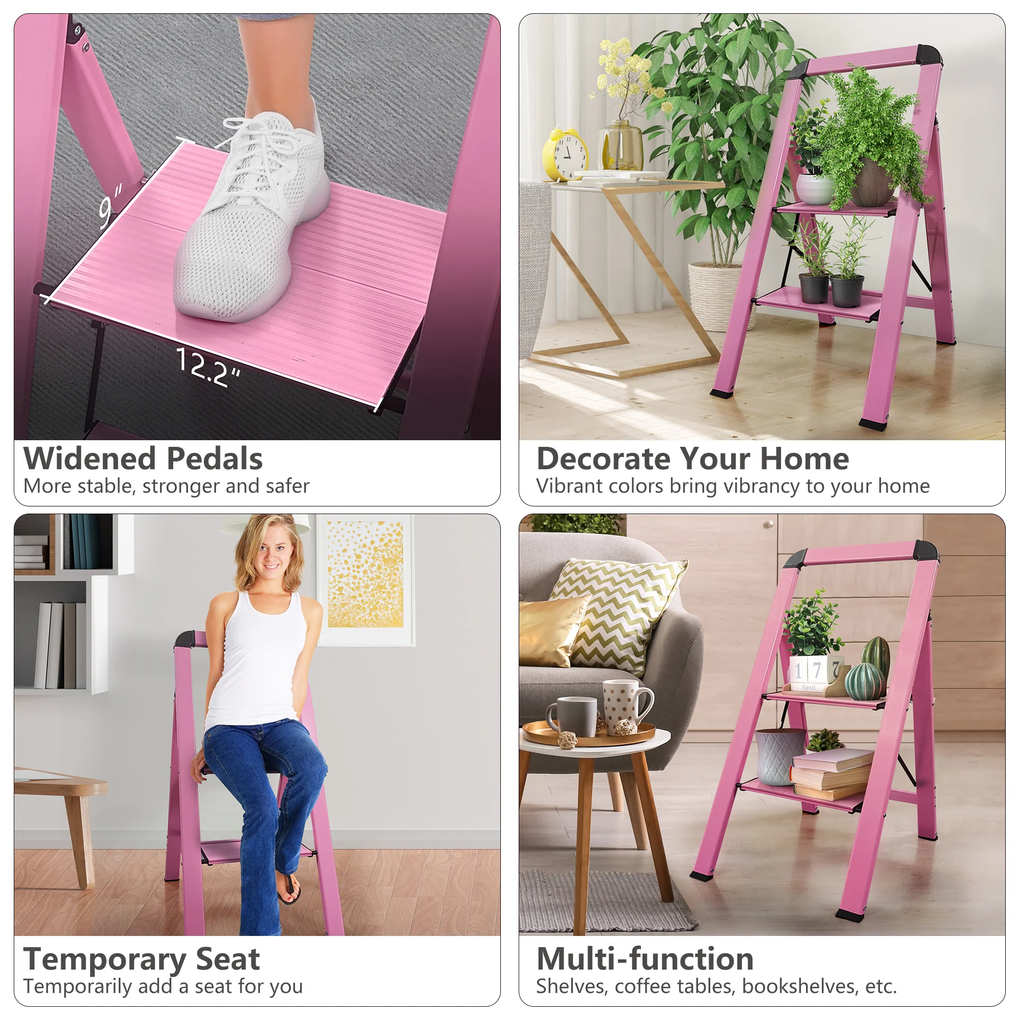 Megacasa 2 Step Ladder Foldable Step Stool Safety Anti-Slip Pedal 330lbs Max Pink