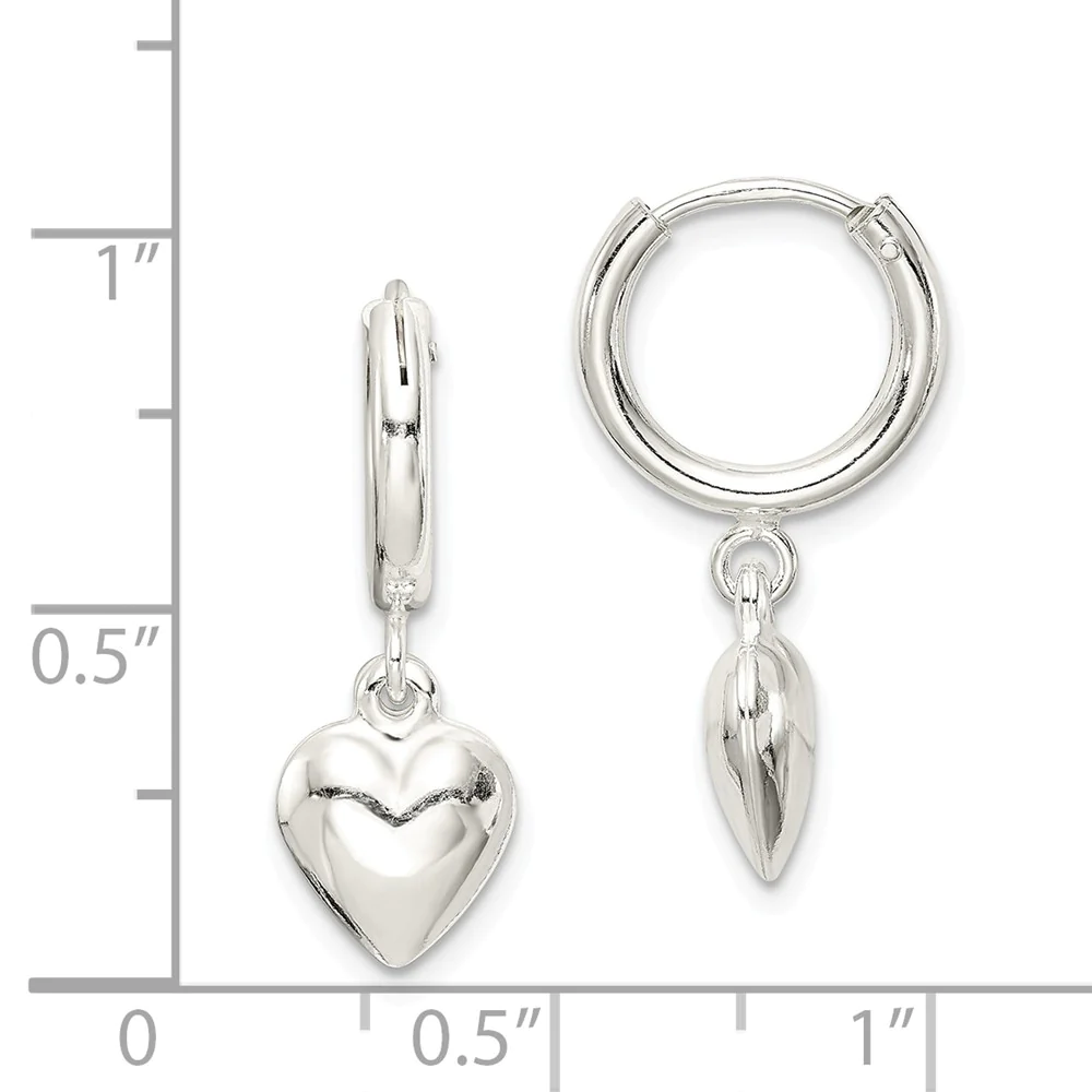 Jewelryweb Sterling Silver Polished Puff Heart Dangle Hoop Earrings - Measures 25x25mm Wide 8mm Thick