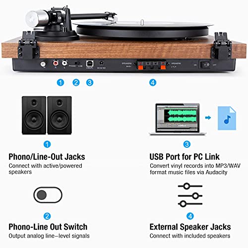 1 BY ONE Wireless Turntable HiFi System with 36 Watt Bookshelf Speakers, Patend Designed Vinyl Record Player with Magnetic Cartr