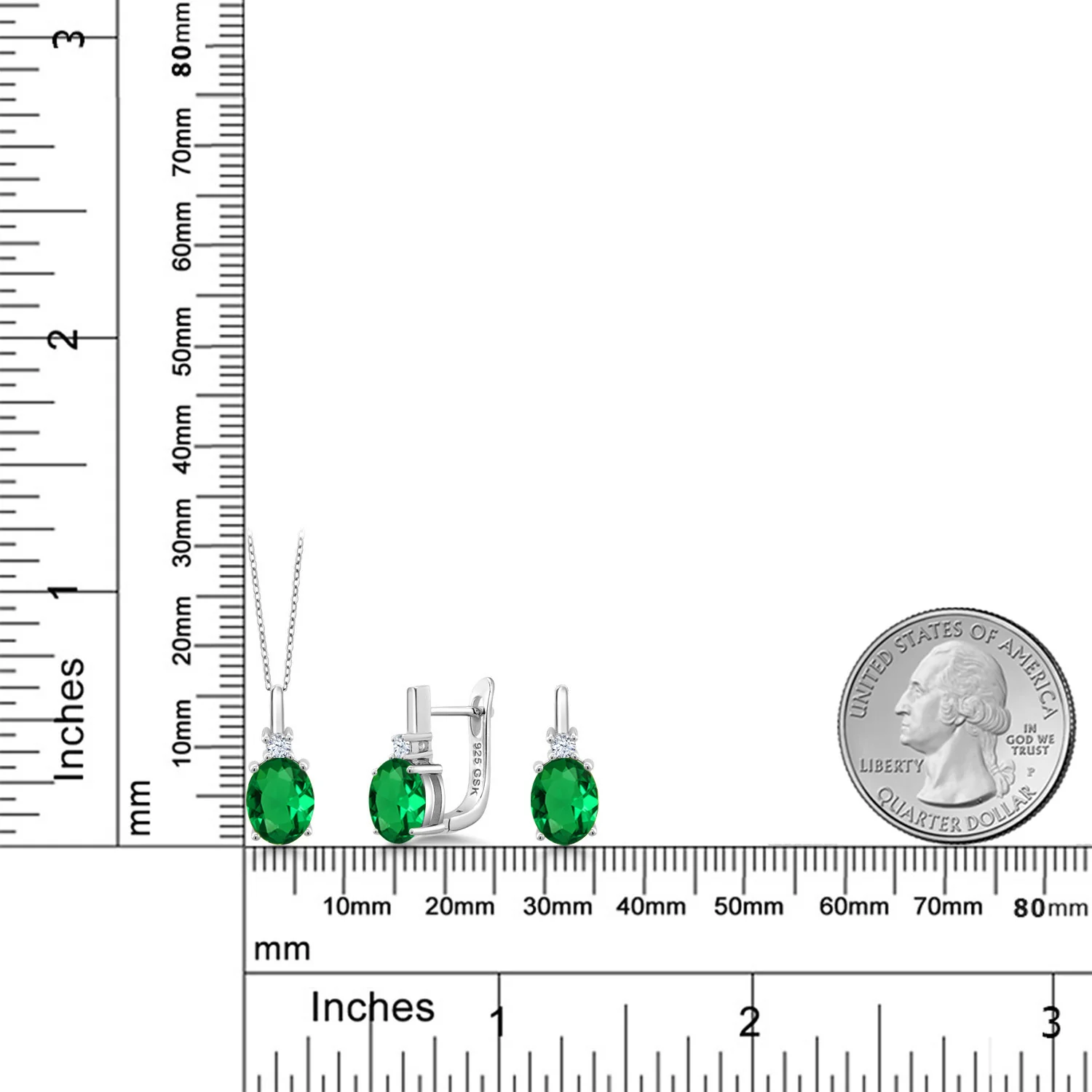 Gem Stone King 925 Sterling Silver Oval Green Simulated Emerald Pendant and Earrings Jewelry Set For Women (6.95 Cttw, with 18 Inch Chain)