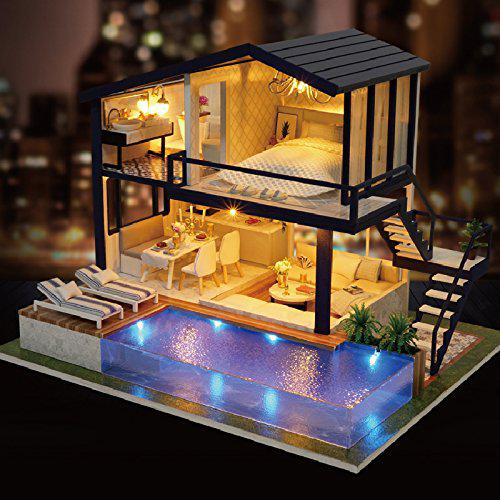 cuteroom dollhouse miniature with furniture, 3d wooden miniature doll house with music box &a; led lights,1:24 scale diy house
