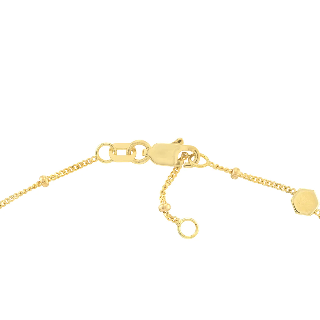 Jewelryweb 14k Yellow Gold Alternating Sparkle-Cut and Polished Hexagon Station Adjustable Anklet - 10 Inch