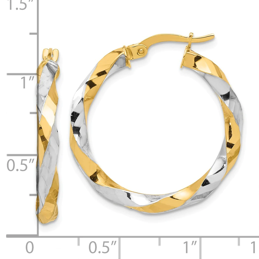 Jewelryweb 26.9mm 14k With White Rhodium Polished and Diamond-cut Twisted Hoop Earrings - Measures 27.5x26.9mm