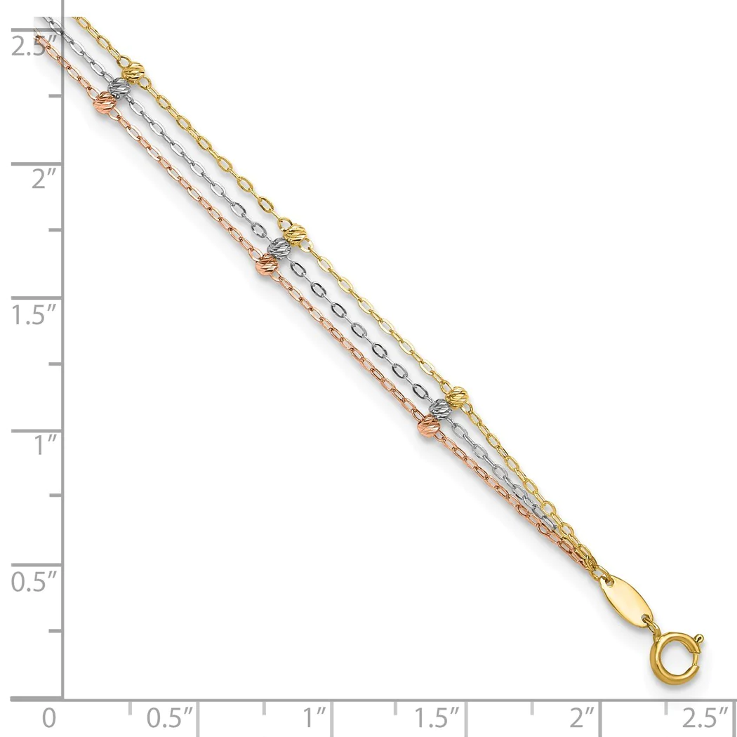 Jewelryweb 2.1mm 10k Tri-color 3-strand Sparkle-Cut Beaded 9inch Plus 1in Extension Anklet - 10 Inch