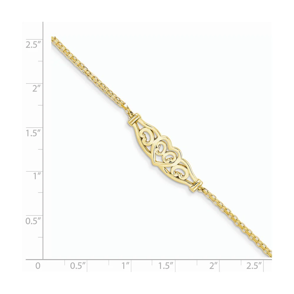 Jewelryweb 14k Yellow Gold Polished Filigree Heart Anklet - 10 Inch - Lobster Claw