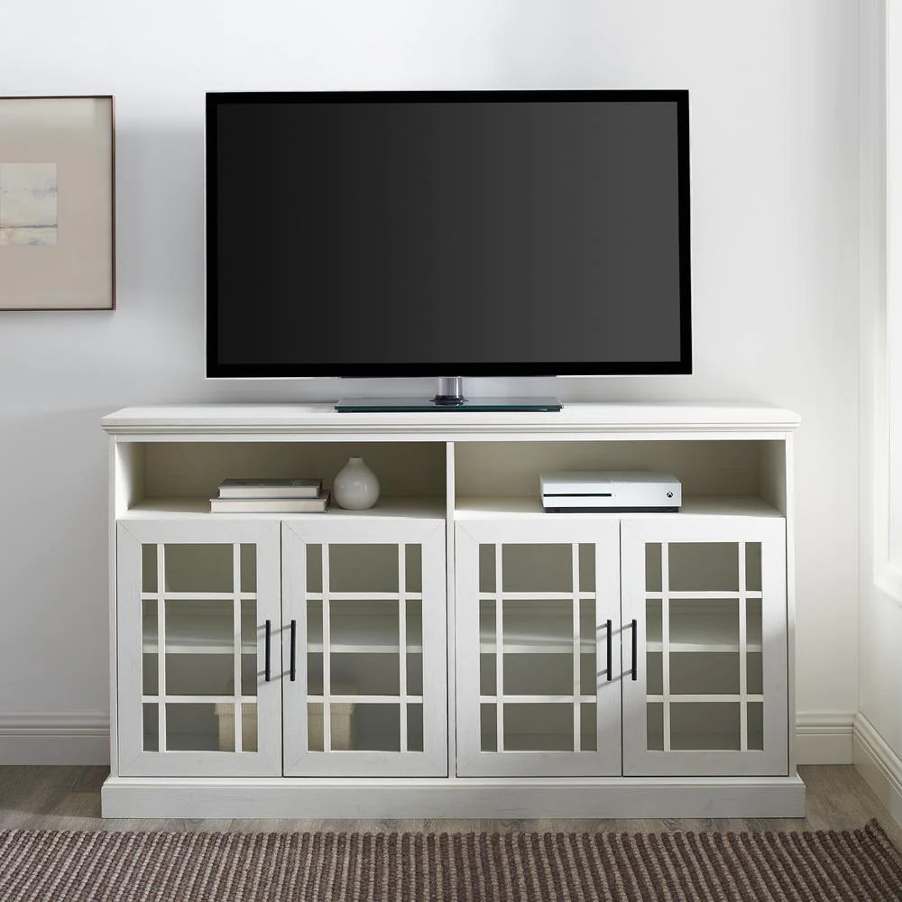 Walker Edison Classic Windowpane Glass Door Tall TV Stand for TVs up to 65” – Brushed White