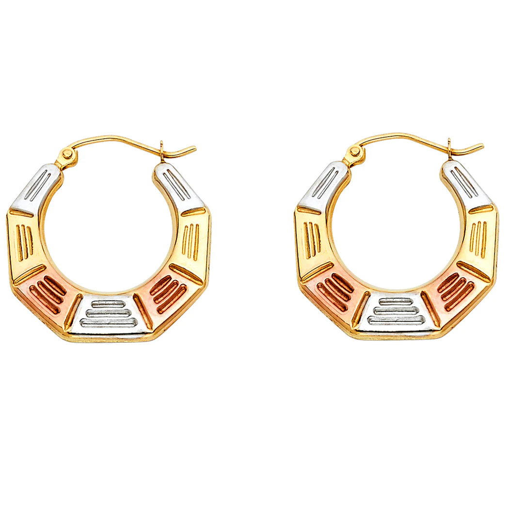 Jewelryweb 14k Yellow Gold White Gold and Rose Gold Fancy Hollow Hoop Earrings 21x22mm