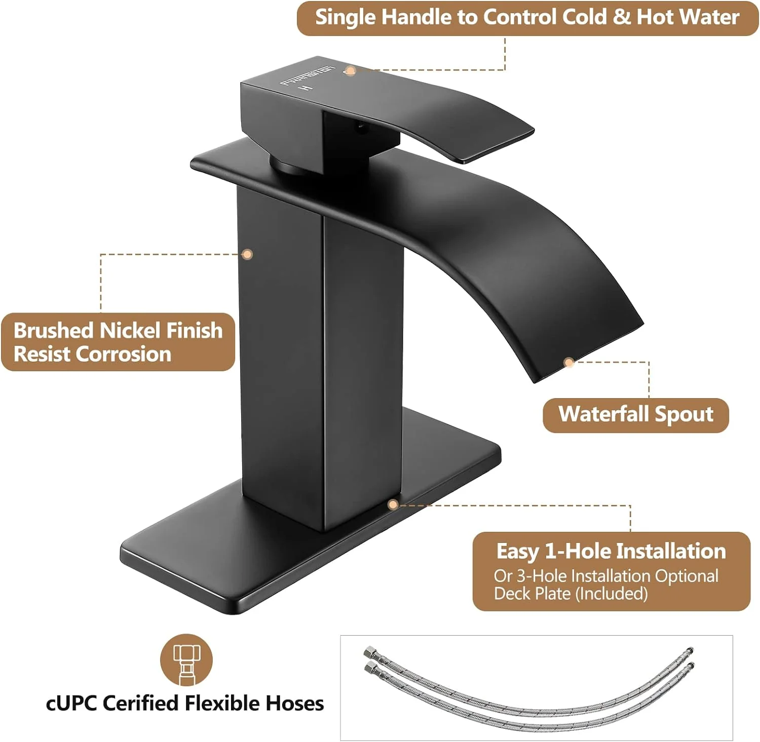 FRANSITON Black Waterfall Bathroom Faucet Rv Lavatory Single Handle 1 or 3 Hole Bathroom Sink Faucet Washbasin Faucet with Deck