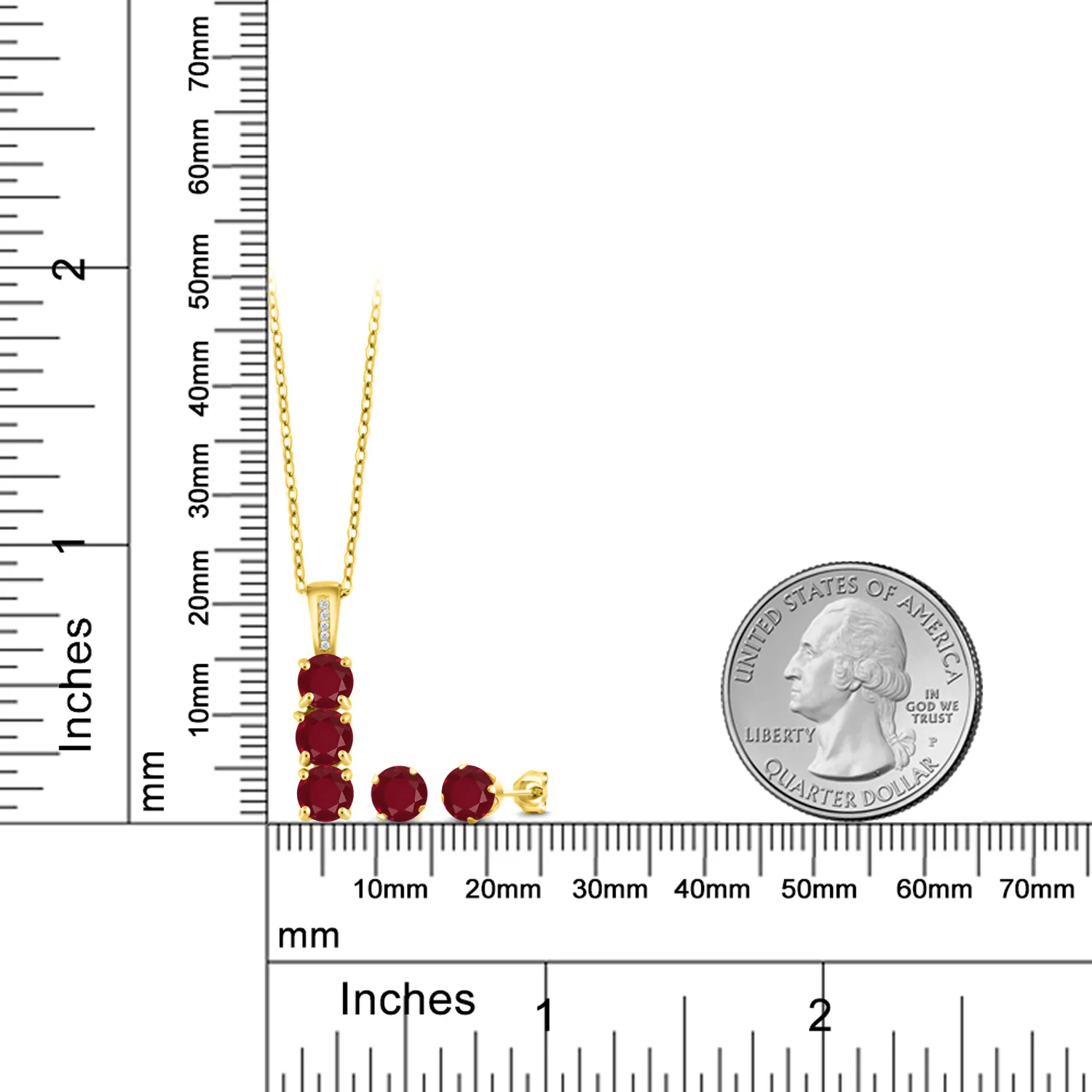 Gem Stone King 2.79 Ct Red Ruby White Diamond 18K Yellow Gold Plated Silver Pendant and Earrings Jewelry Set