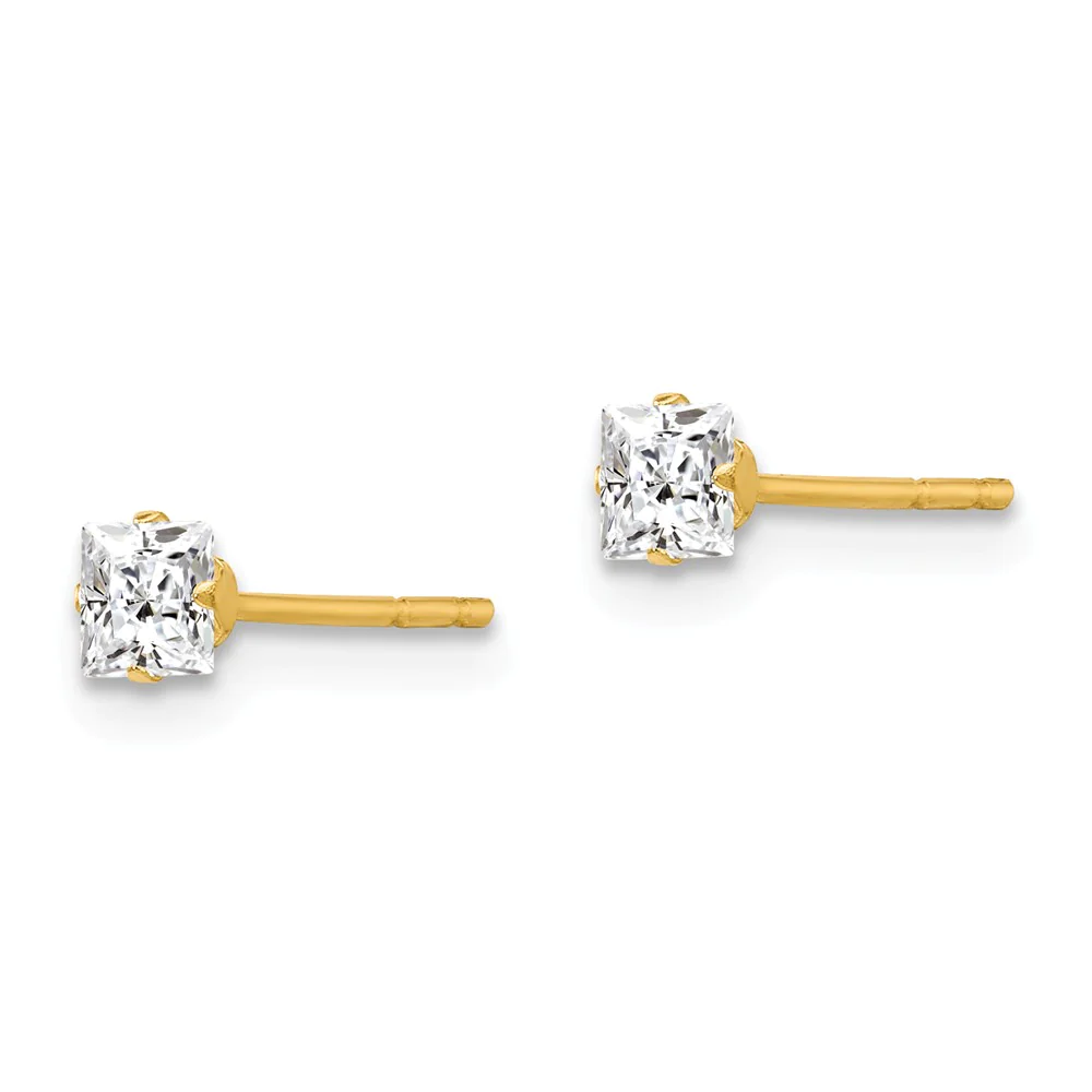 Black Bow Jewelry Company 3mm Princess Cubic Zirconia Stud Earrings in 14k Yellow Gold