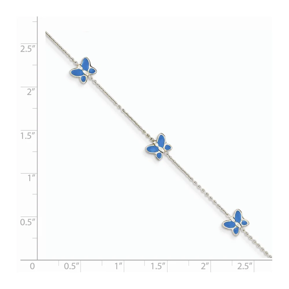 Jewelryweb 14k White Gold Blue Enameled Butterflies Anklet - 10 Inch - Spring Ring