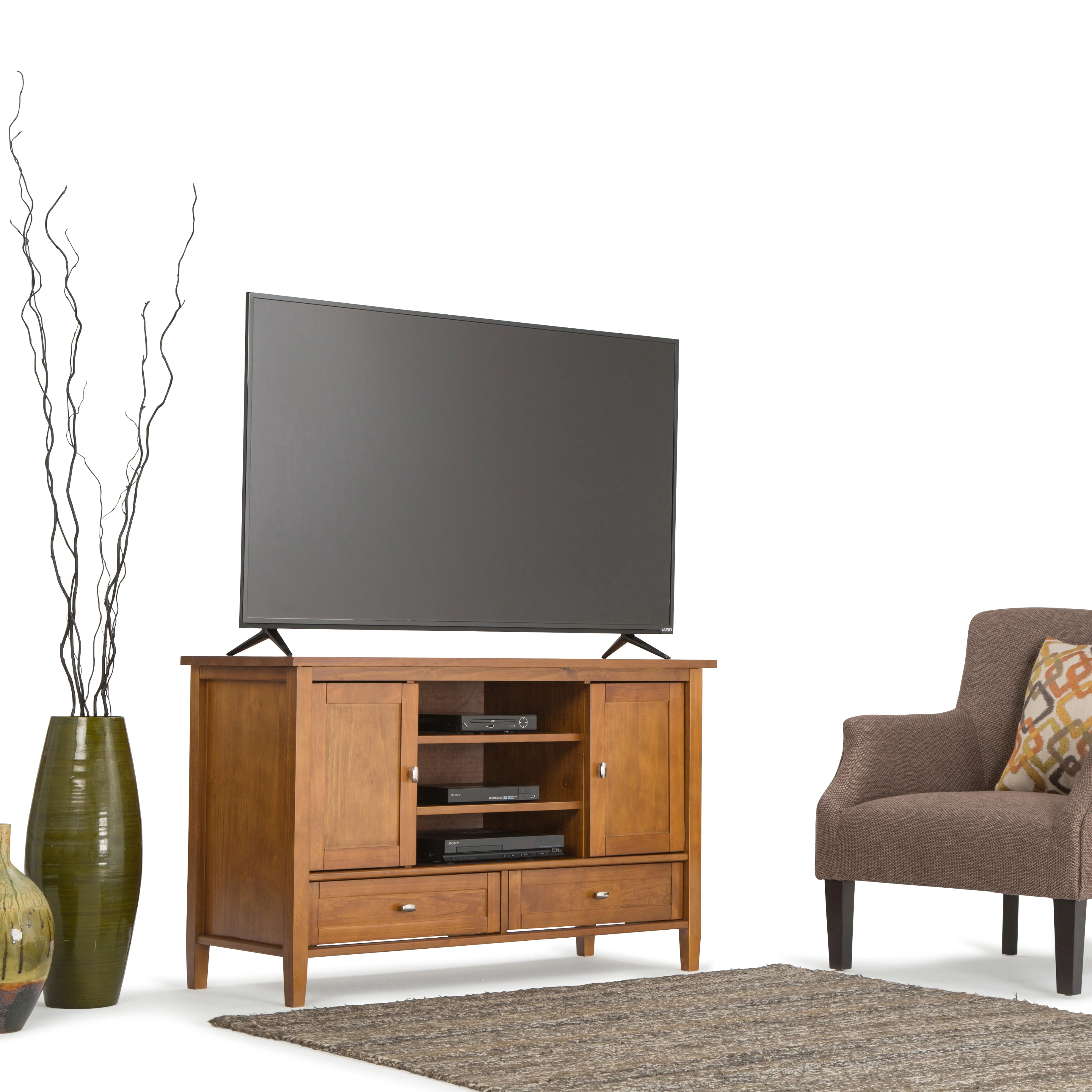 Simpli Home Warm Shaker SOLID WOOD 47 inch Wide Transitional TV Media Stand in Light Golden Brown For TVs up to 50 inches
