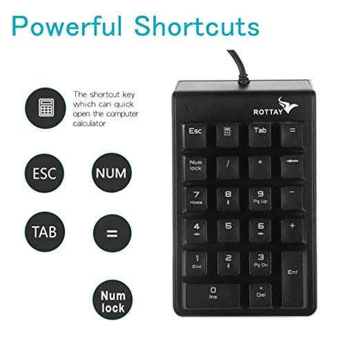 rottay Number Pad, ROTTAY Mechanical USB Wired Numeric Keypad with Blue LED Backlit 22 Key Numpad for Laptop Desktop Computer PC Black