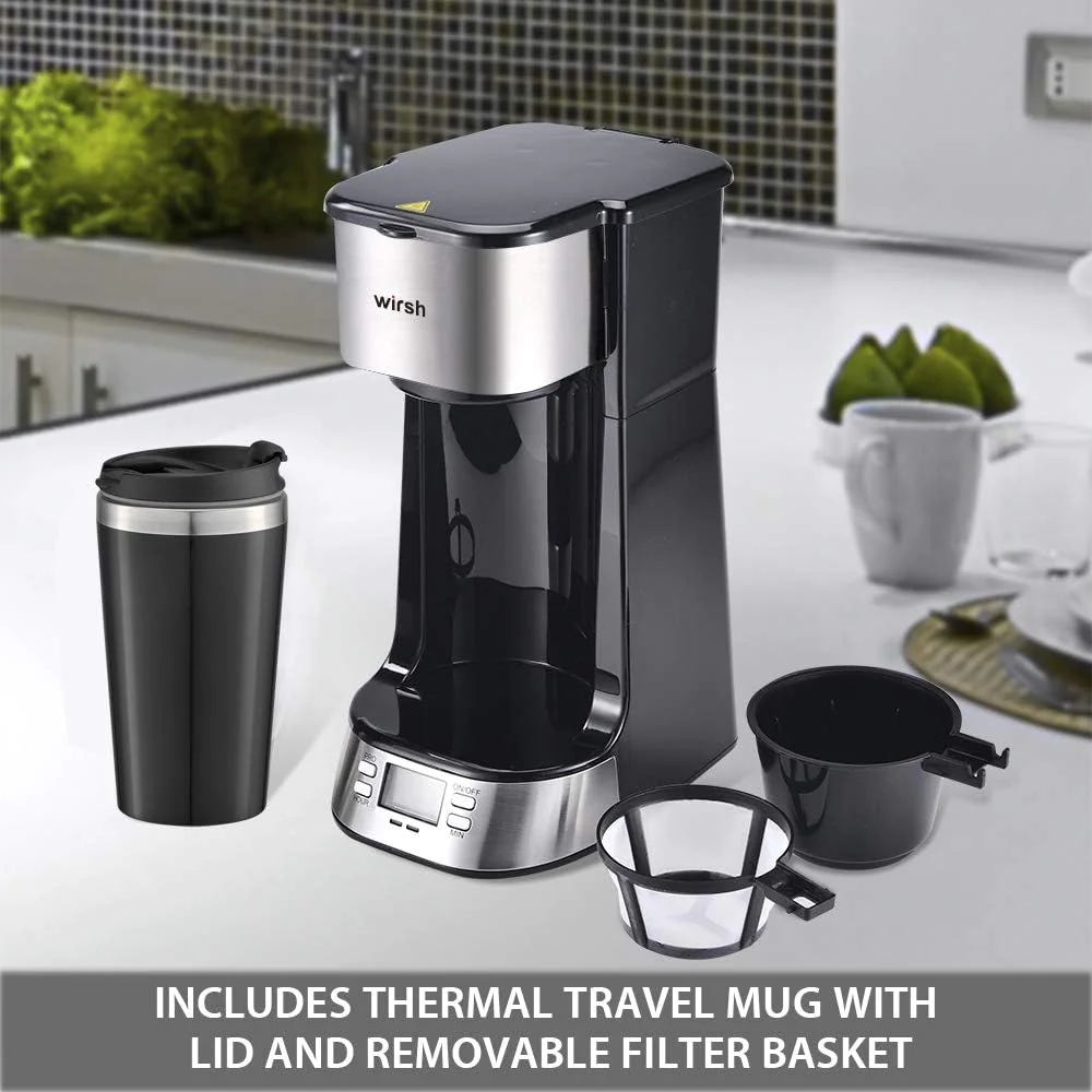 Wirsh Single Serve Coffee Maker- Wirsh Coffee Maker with Programmable Timer and LCD display, Single Cup Coffee Maker with 14 oz.Travel