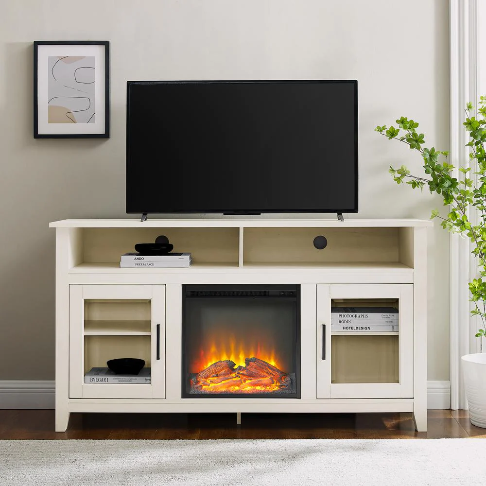 Walker Edison Farmhouse Glass Door Fireplace TV Stand for TVs up to 65” – Brushed White