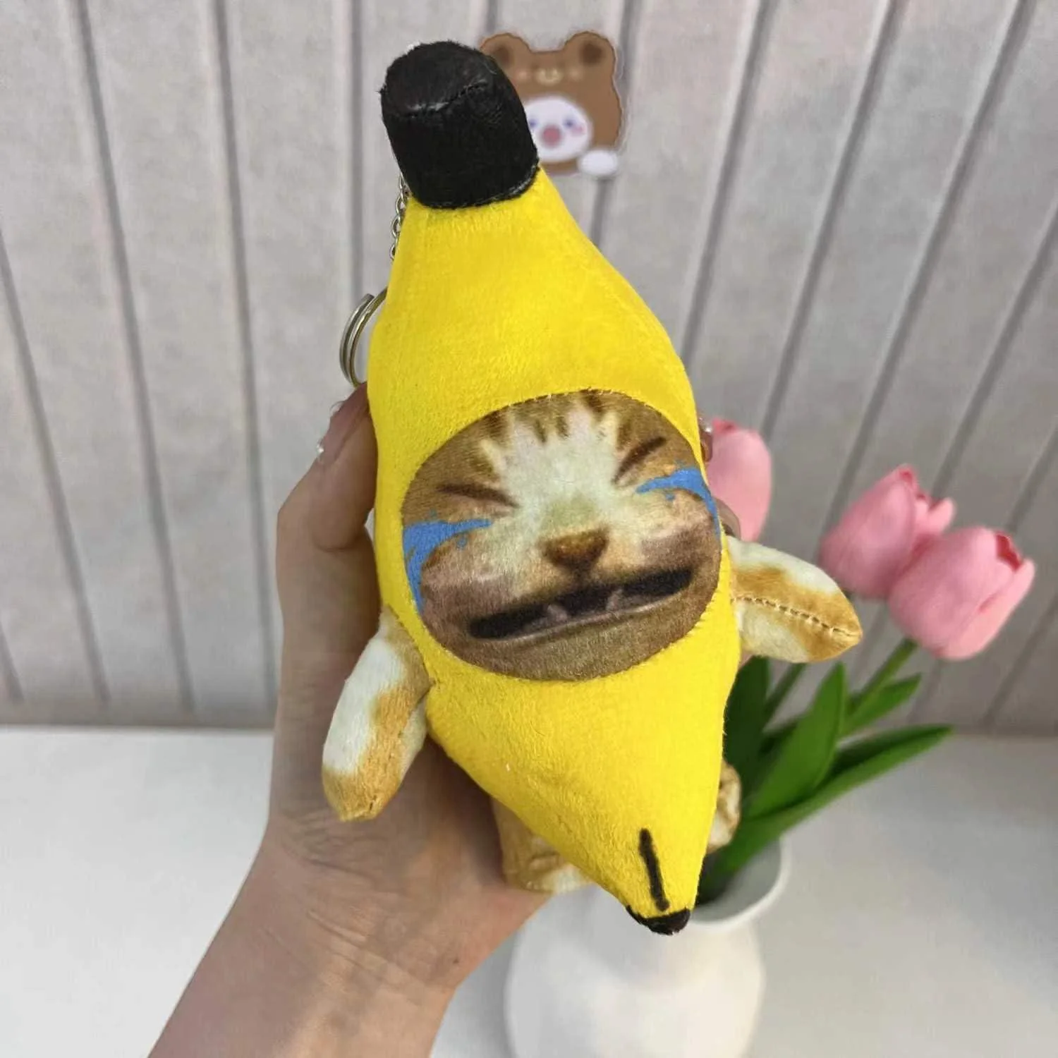 coswho crying banana cat plush keychain, happy funny baby sound cat stuffed animal ornaments (cry)
