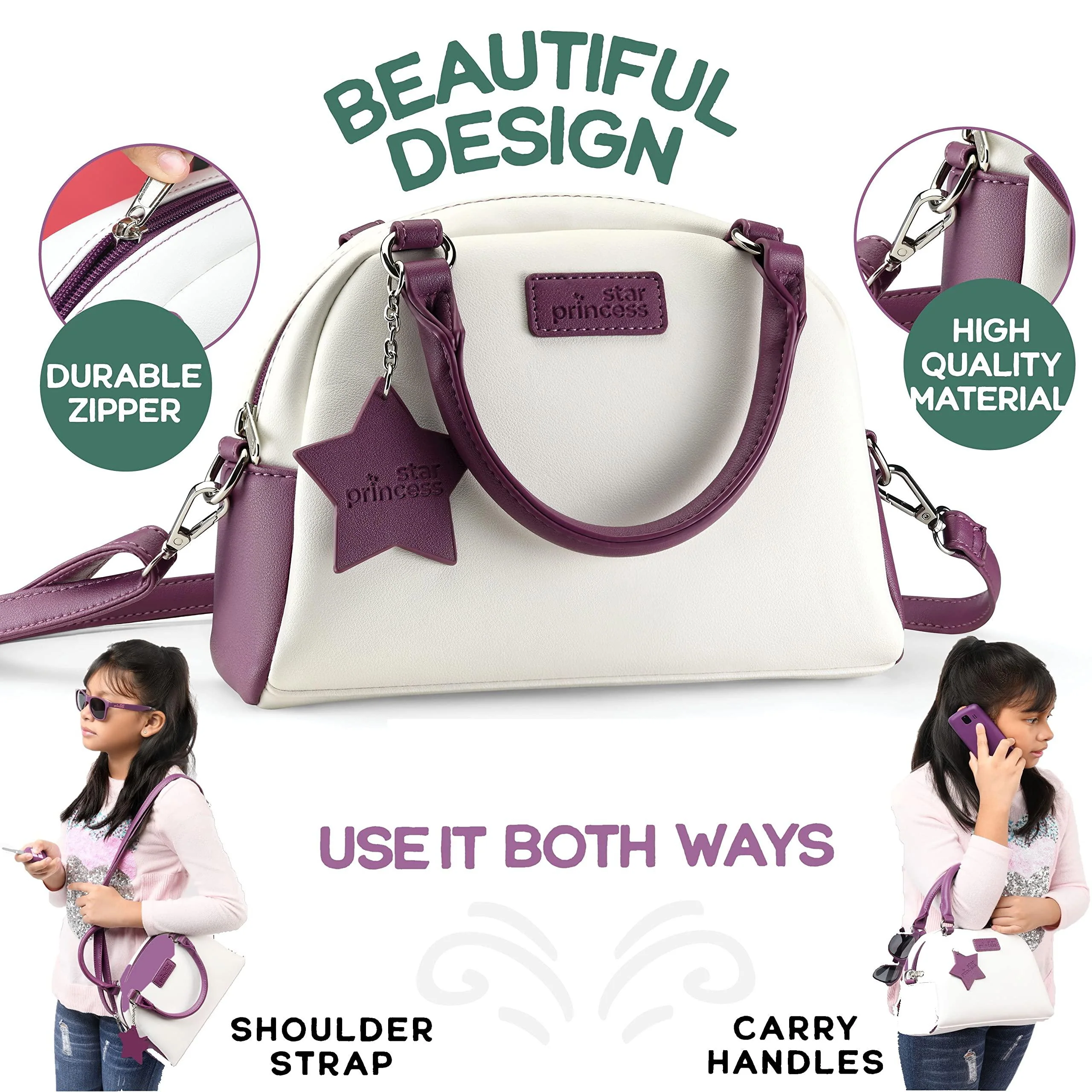 Star Princess little girls purse with accessories and pretend makeup for toddlers - my first purse set includes handbag, phone, wallet, pla