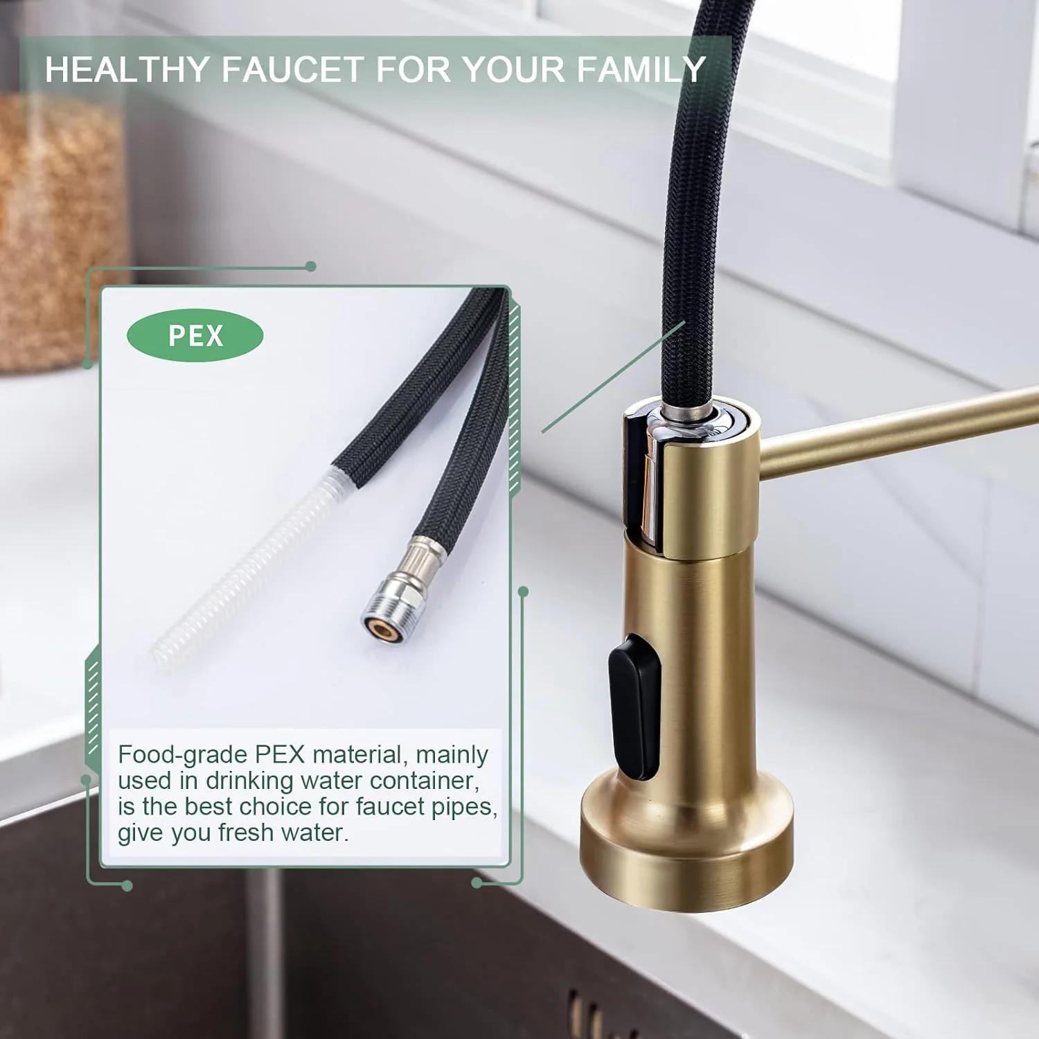 Wewe Brushed Gold Kitchen Faucet with Pull Down Sprayer, RV Brass Kitchen Faucet Stainless Steel Single Handle Spring Faucet with De