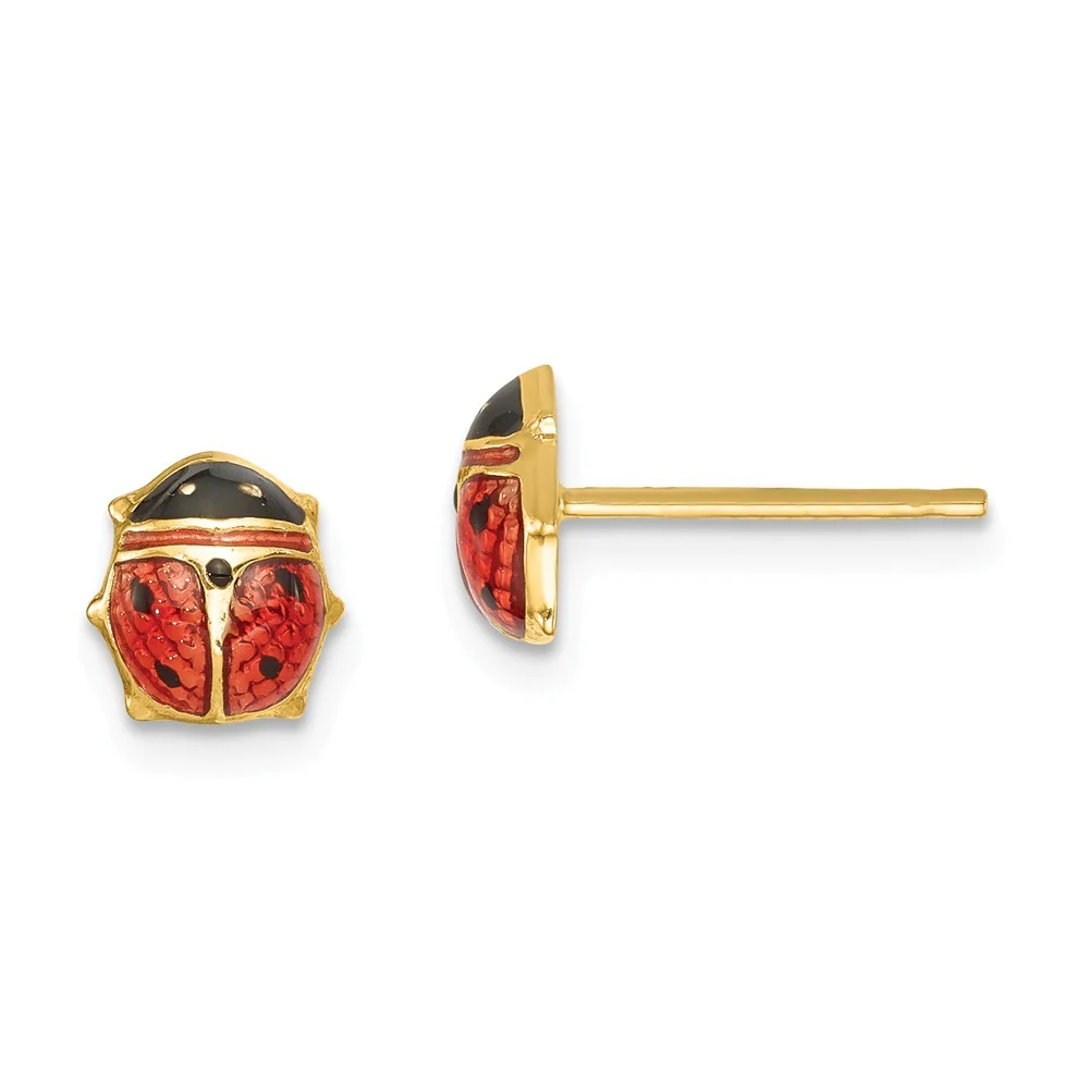 Jewelryweb 14k Yellow Gold Enameled Ladybug Earrings - Measures 6x5.5mm Wide