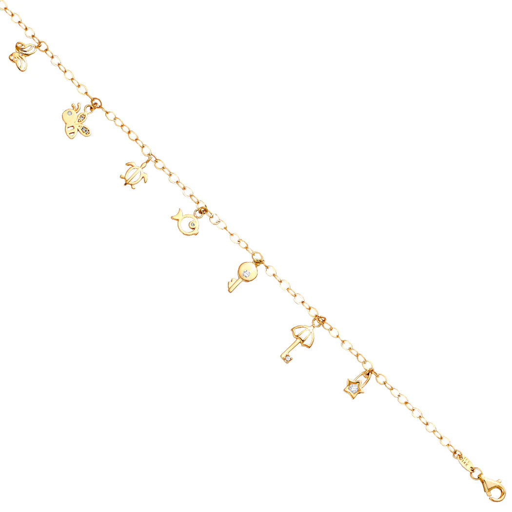 Jewelryweb 14k Yellow Gold Assorted Nature Hanging Anklet 9 + 1 - 9 Inch