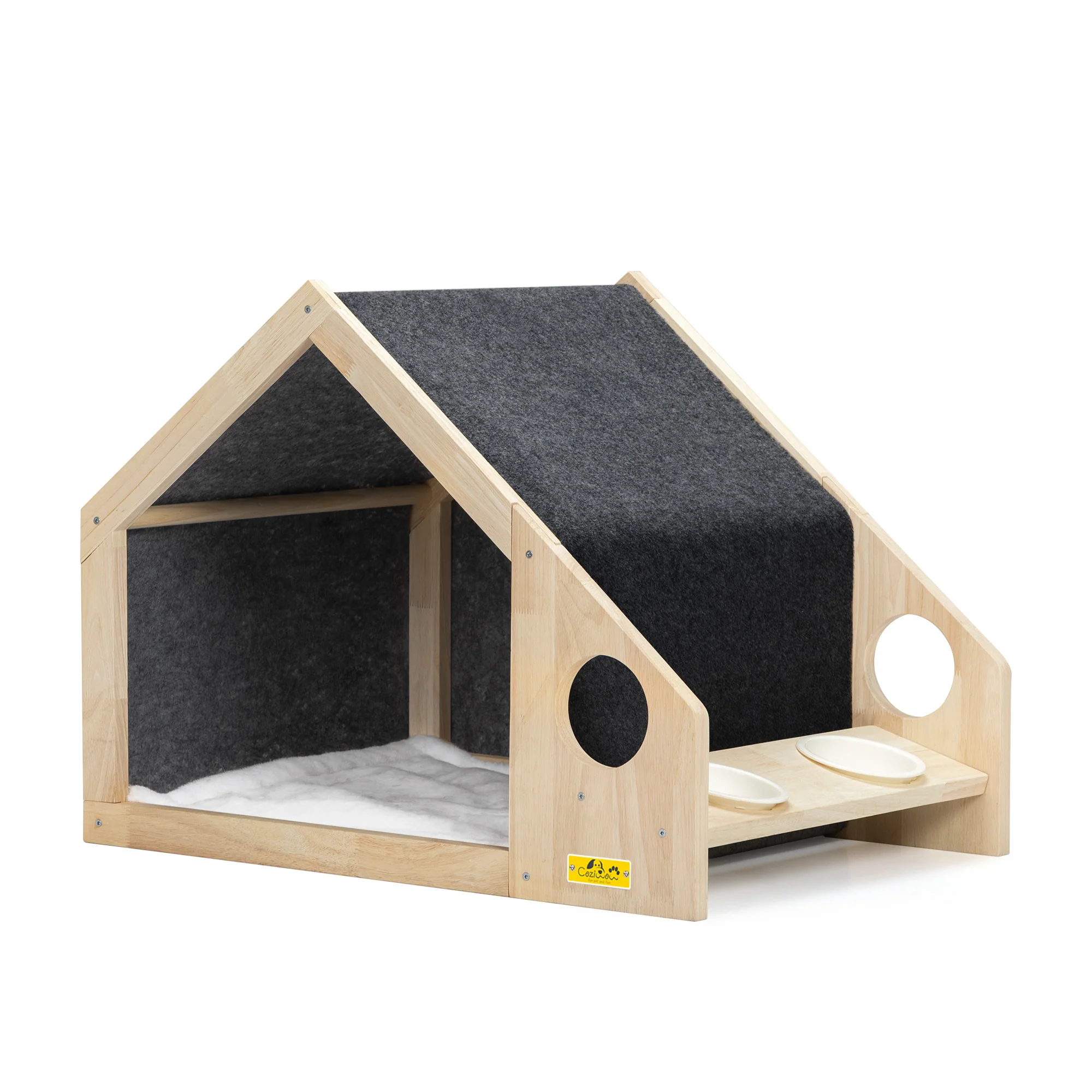 COZIWOW Wooden Pet House with Removable Cushion and 2 Plastic Dog Bowls for Small Dogs or Medium to Large Cats