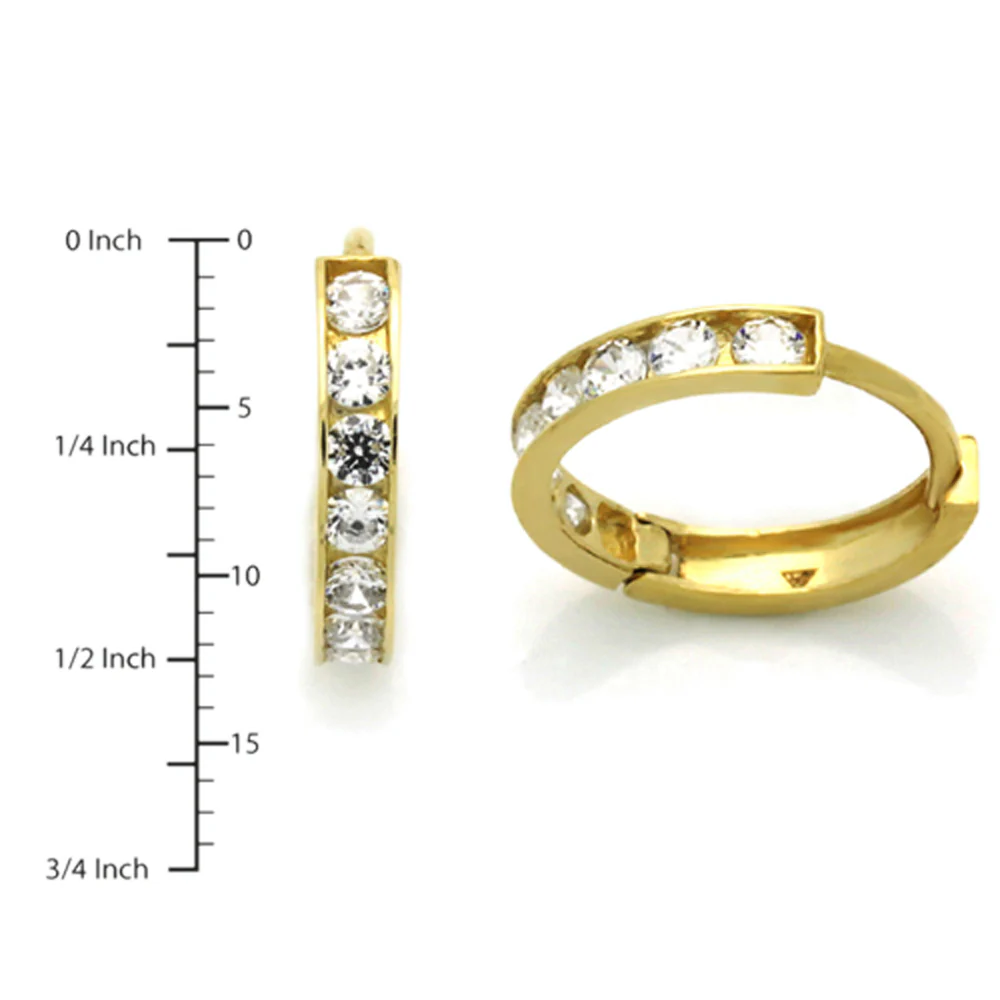 Double Accent 14K Yellow Gold CZ Cubic Zirconia Channel Setting 2mm Width Huggie Hoop Earrings