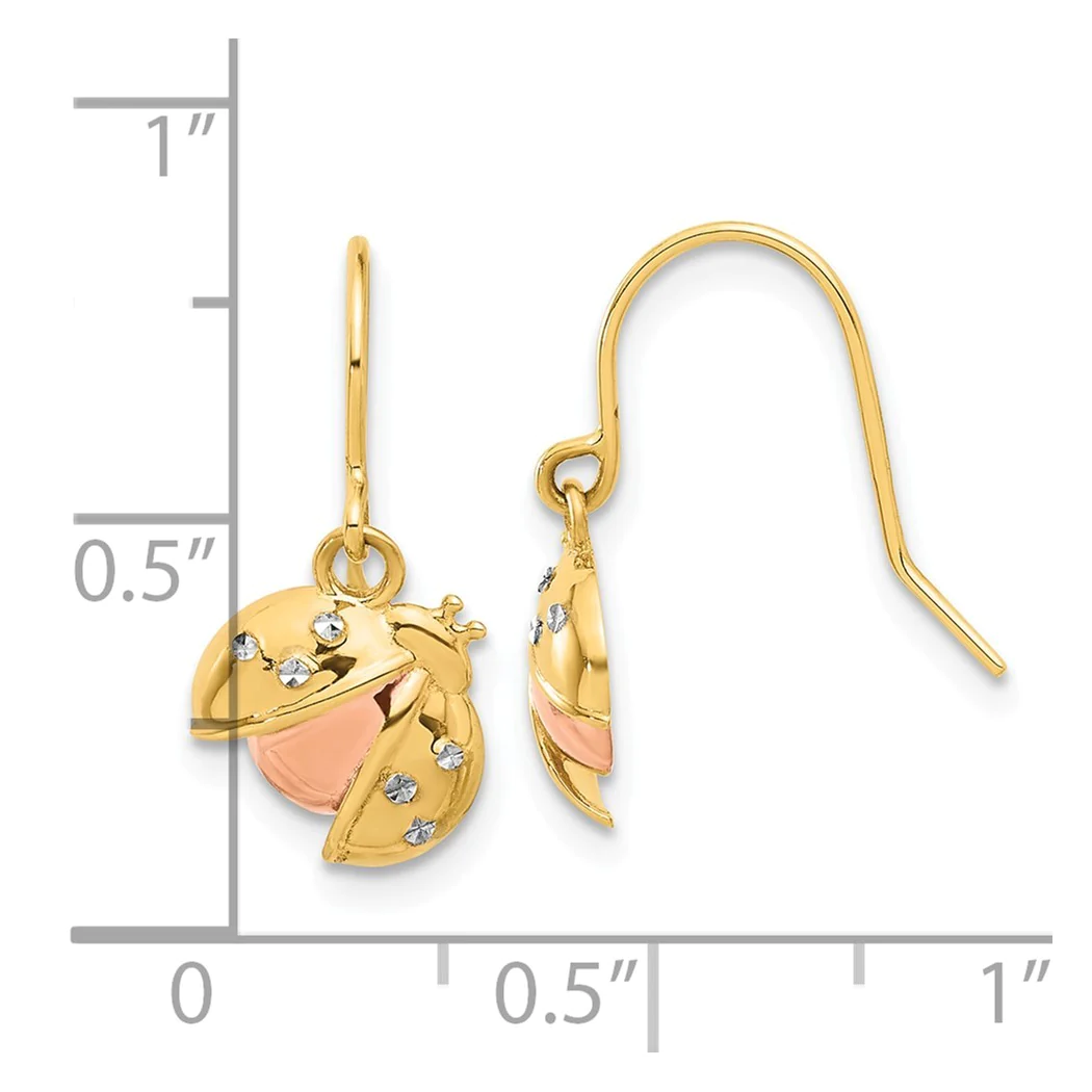 Jewelryweb 8.9mm 14k With Rose and White Rhodium Sparkle-Cut Ladybug Dangel Earrings - Measures 18x8.9mm Wide