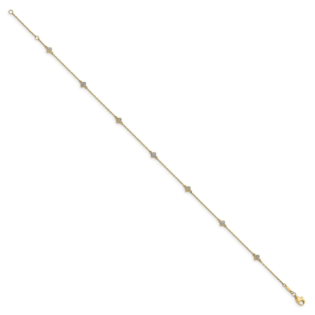 Jewelryweb 14k Gold Polished Cubic Zirconia Flower With 1 In Ext. Anklet - 10 Inch