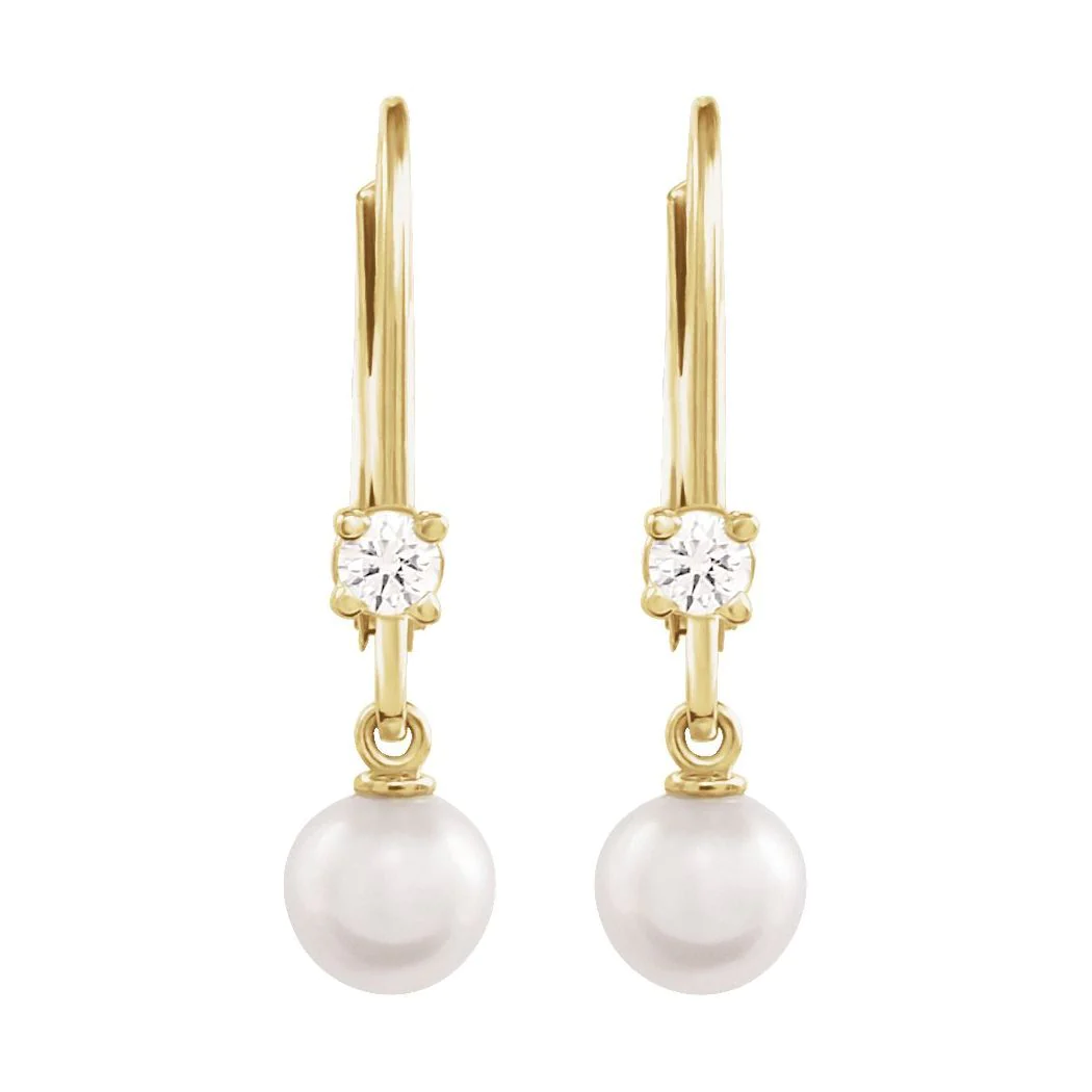 Jewelryweb Cultured White Akoya Pearl 5mm 14k Yellow Gold Leverbacks Polished White and 0.13 Carat Natural Diam