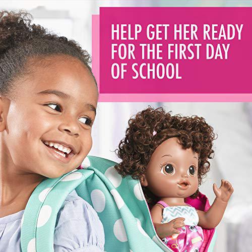 baby alive ready for school baby: baby doll with black curly hair, school-themed dress, doll accessories include notebook &a; b