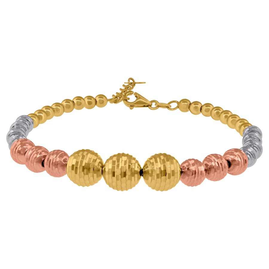 Jewelryweb 14k Tri-color Gold Womens Textured Beaded Anklet