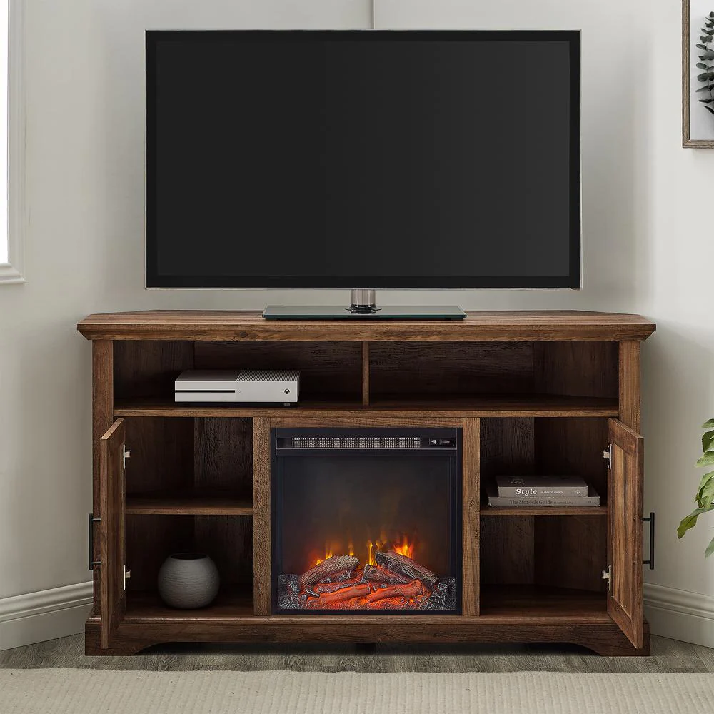 Walker Edison Coastal Grooved Door Fireplace Corner TV Stand for TVs up to 60” - Rustic Oak