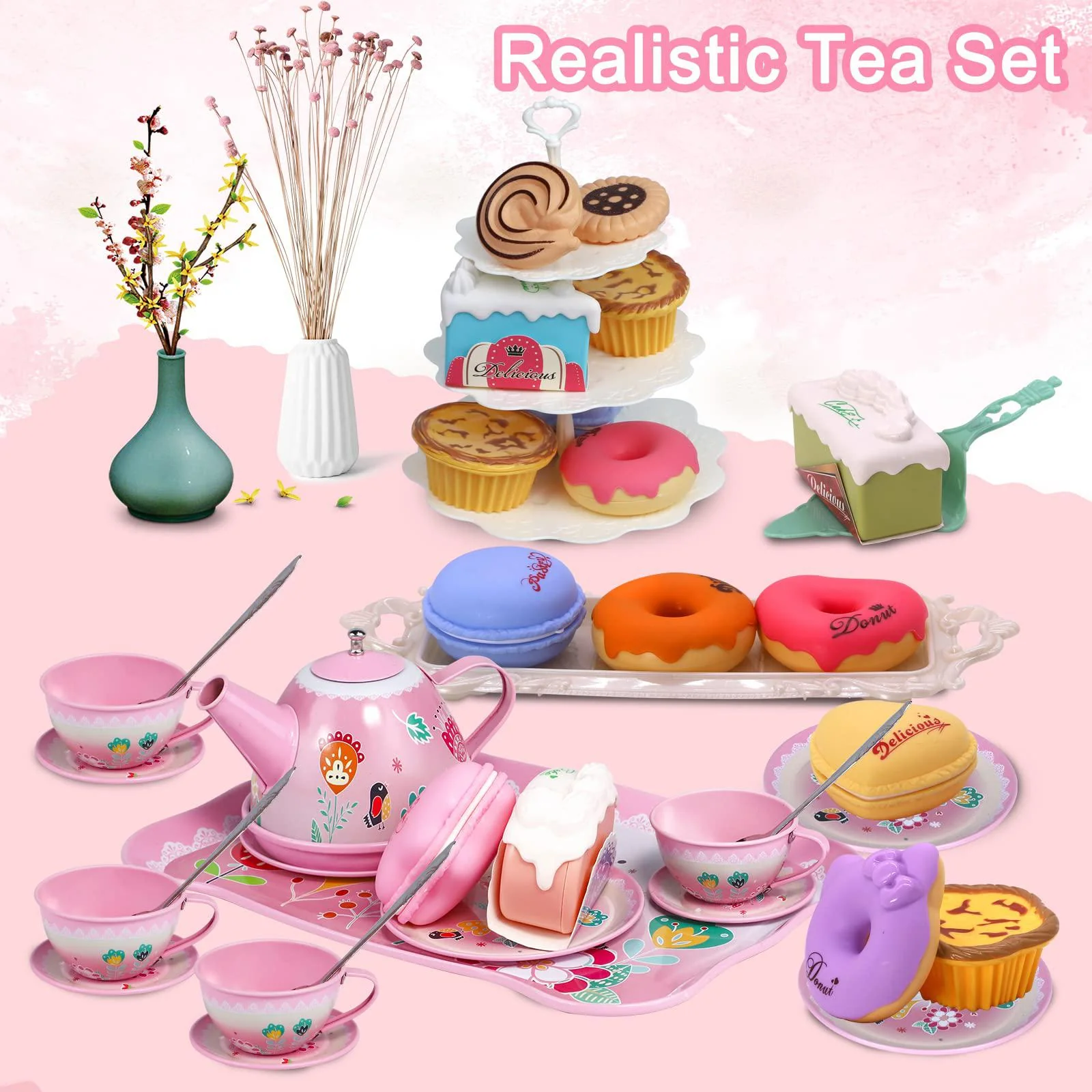 PRE-WORLD tea party set for little girls,pre-world princess tea time toy including dessert,cookies,doughnut,teapot tray cake, tableclot