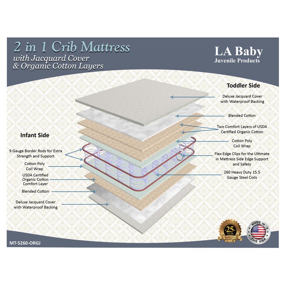 JC Toys Naturally Superior 2-in-1 Dual Sided Spring Crib &a; Toddler Mattress with Organic Cotton Layers &a; Waterproof Cover