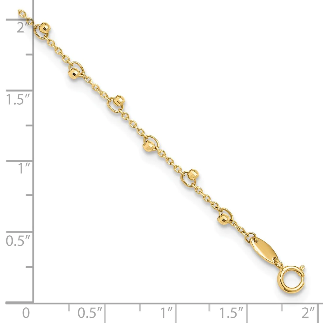 Jewelryweb 14k Polished and Sparkle-Cut Beads Plus 1in Extension Anklet - Measures 1mm Wide - 9 Inch