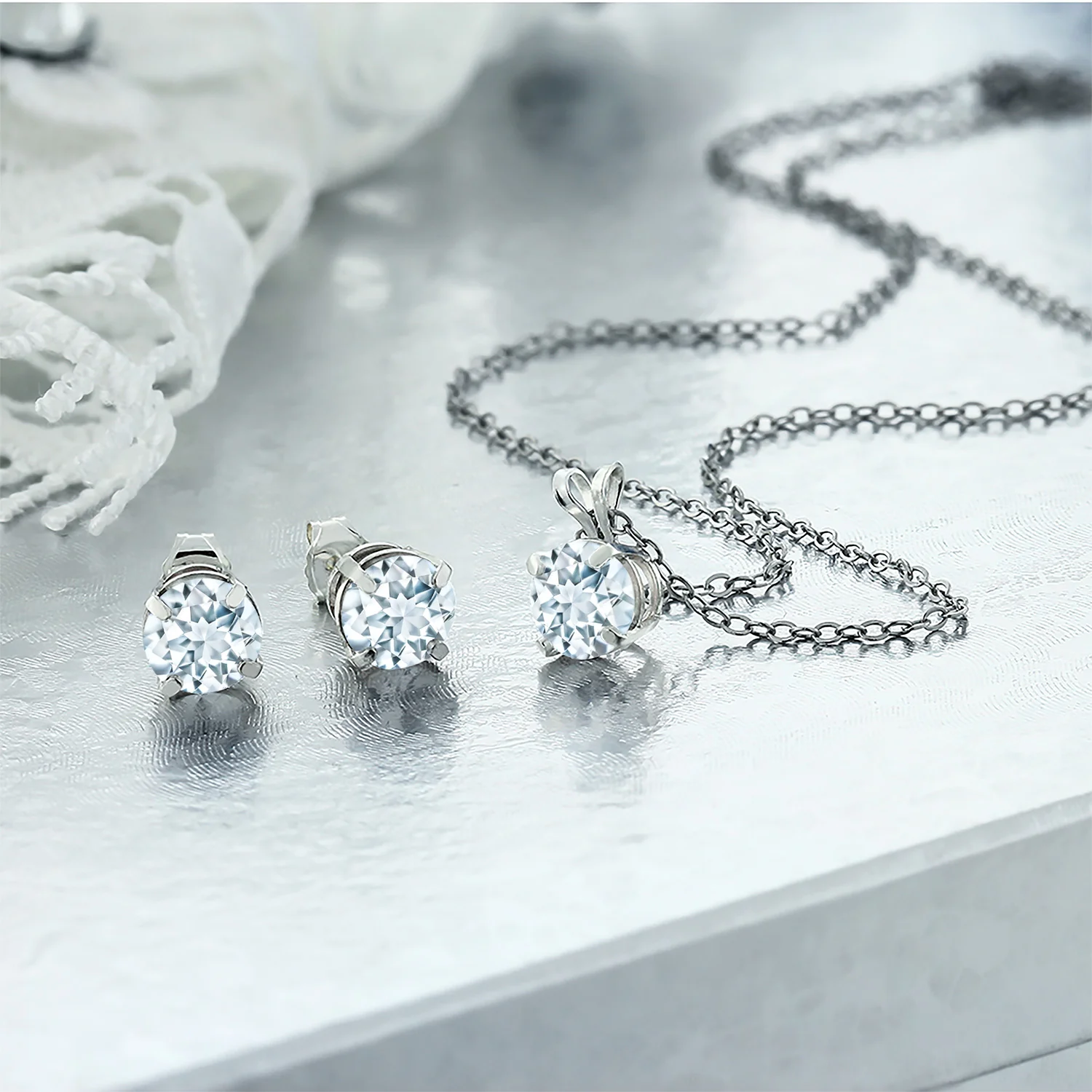 Gem Stone King 2.25 Ct Round 6mm Sky Blue Aquamarine 925 Sterling Silver Stud Pendant and Earrings Jewelry Set