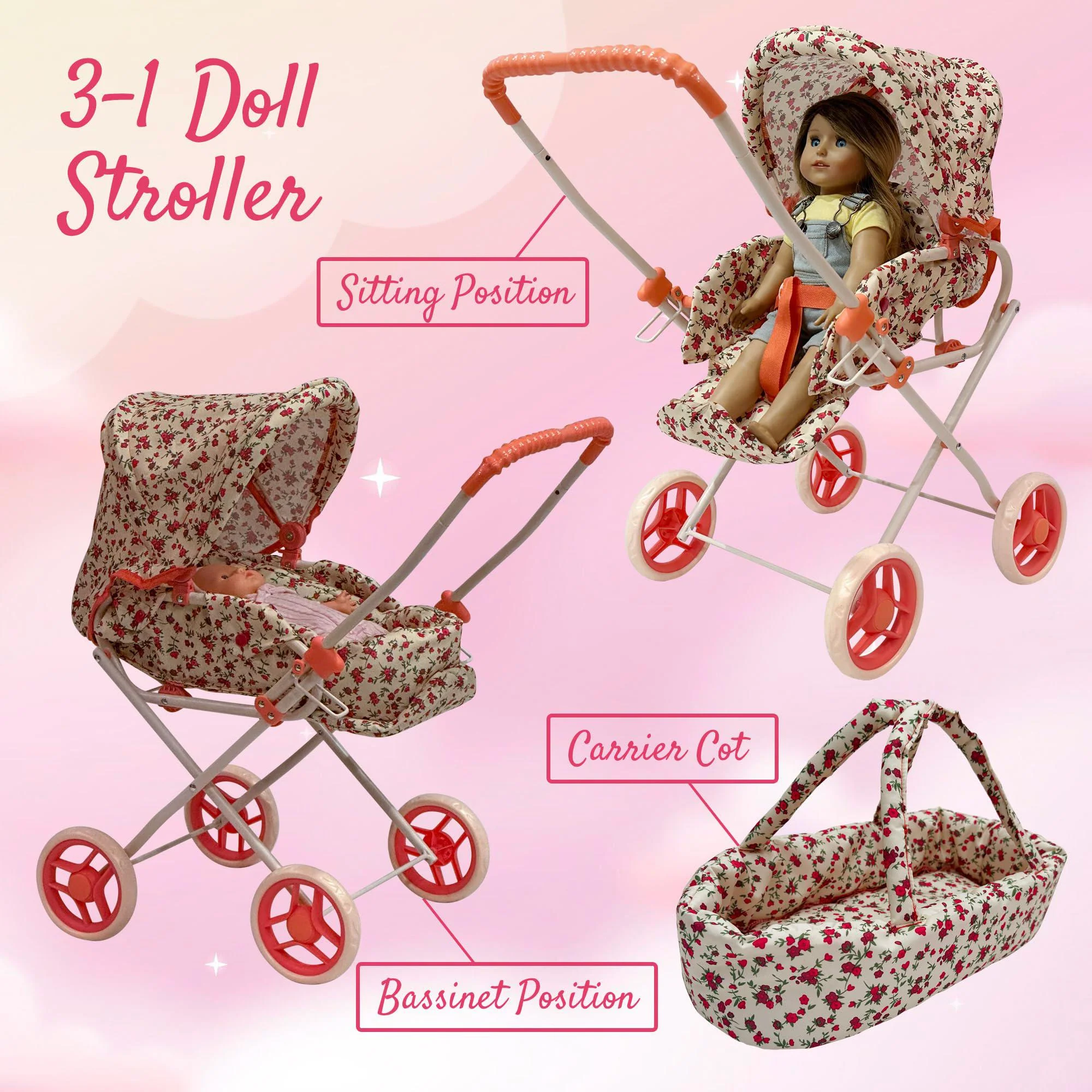 The New York Doll Collection baby doll stroller play set, 3-in-1 babydoll stroller with removable bassinet baby carriage for dolls toy doll stroller for t