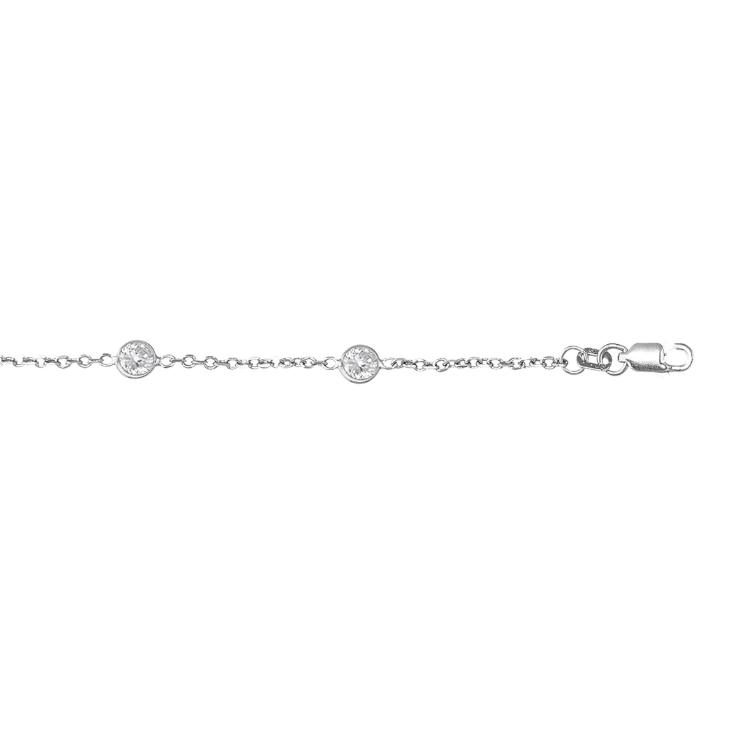 Jewelryweb 14k White Gold Cable Link Chain Anklet With Lobster Clasp 9 Round Faceted White CZ - 10 Inch