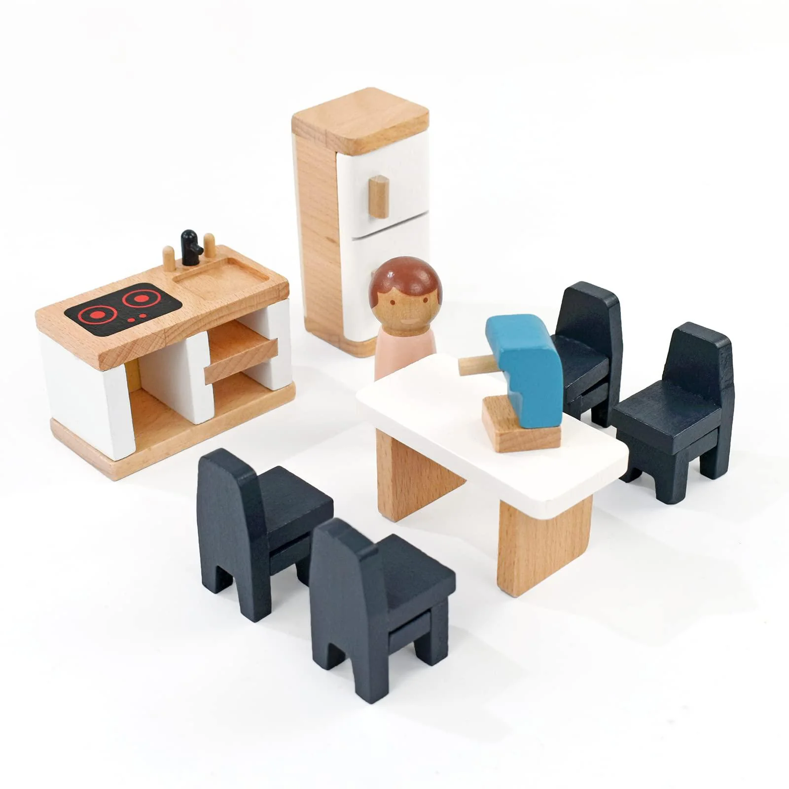 pairpear wooden toys dollhouse furniture playset,35 piece furnitures with family dolls,doll house accessories pretend play gi