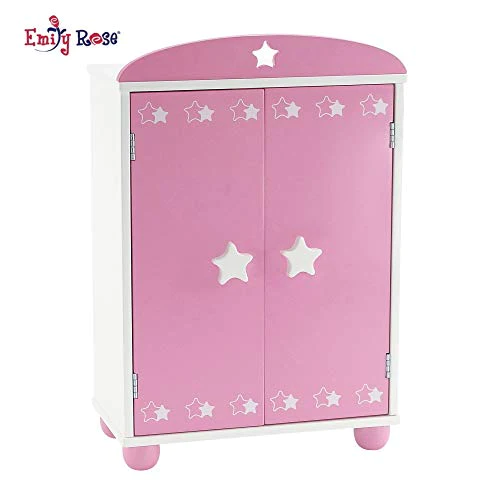 Emily Rose 14 Inch Doll Furniture | Beautiful Pink and White Armoire Closet with Star Detail Comes with 5 Doll Clothes Hangers |